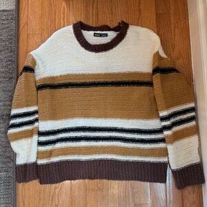 SHEIN Brown and White Crewneck Sweater with Stripes size small